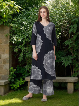 FASHOR - Navy Blue Floral Kurta and Palazzo (Set of 2)
