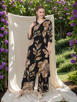 FASHOR - Black Floral Kurta and Palazzo (Set of 2)
