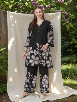 FASHOR - Black Floral Kurta and Palazzo (Set of 2)