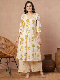 FASHOR - Mustard Floral Kurta and Palazzo (Set of 2)