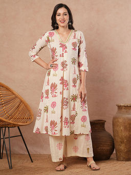 FASHOR - Pink Floral Kurta and Palazzo (Set of 2)