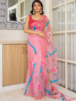 Pretty Pallu - Pink Printed Saree with Unstitched Blouse