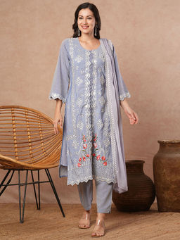 FASHOR - Blue Embroidered Kurta with Pant and Dupatta (Set of 3)
