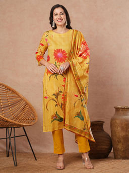 FASHOR - Yellow Floral Kurta with Pant and Dupatta (Set of 3)