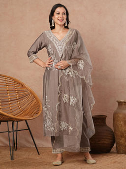 FASHOR - Taupe Floral Kurta with Pant and Dupatta (Set of 3)
