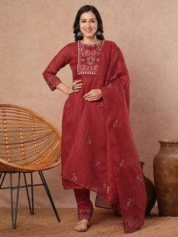 FASHOR - Red Floral Kurta with Pant and Dupatta (Set of 3)