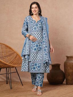 FASHOR - Blue Floral Kurta with Pant and Dupatta (Set of 3)