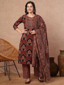 FASHOR - Rust Printed Kurta with Pant and Dupatta (Set of 3)