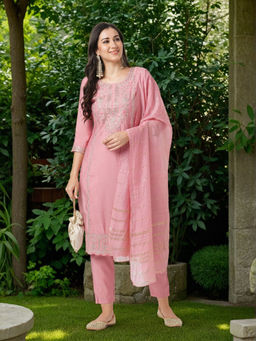FASHOR - Pink Embroidered Kurta with Pant and Dupatta (Set of 3)