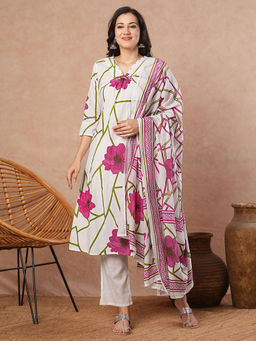 FASHOR - White Floral Kurta with Palazzo and Dupatta (Set of 3)