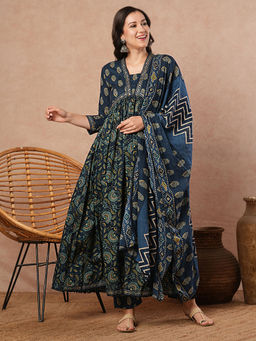 FASHOR - Blue Floral Kurta with Pant and Dupatta (Set of 3)