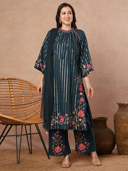 FASHOR - Teal Stripes Kurta with Palazzo and Dupatta (Set of 3)