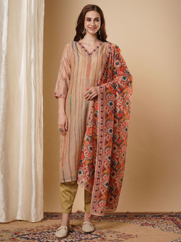 FASHOR - Beige Stripes Kurta with Pant and Dupatta (Set of 3)
