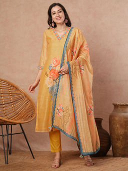 FASHOR - Yellow Floral Kurta with Pant and Dupatta (Set of 3)