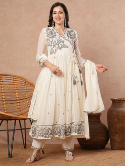 FASHOR - Grey Floral Anarkali Kurta with Pant and Dupatta (Set of 3)
