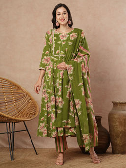 FASHOR - Green Floral Kurta with Pant and Dupatta (Set of 3)