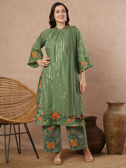 FASHOR - Green Stripes Kurta with Palazzo and Dupatta (Set of 3)