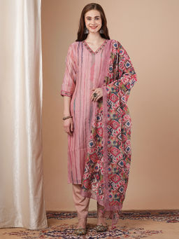 FASHOR - Pink Printed Kurta with Pant and Dupatta (Set of 3)