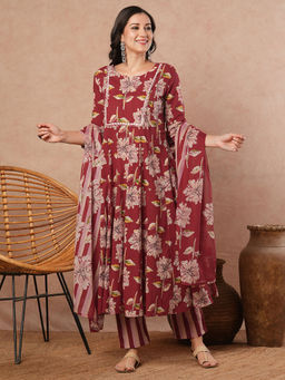 FASHOR - Red Floral Kurta with Pant and Dupatta (Set of 3)