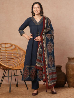 FASHOR - Blue Floral Kurta with Pant and Dupatta (Set of 3)