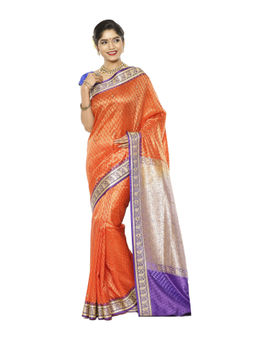 Banarasi Silk Works - Orange Tanchoi Stone with Blue Border Art Saree with Unstitched Blouse