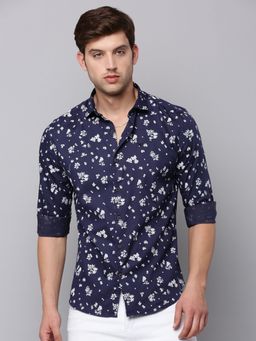 SHOWOFF - Mens Spread Collar Navy Blue Printed Shirt