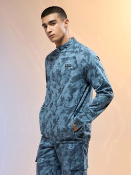 Technosport - Men Blue Printed Slim Fit High Neck Sports Jacket