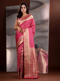 CHARUKRITI - Rani Pink Katan Silk Zari Handwoven Saree with Unstitched Blouse