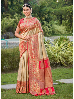 Sangam Prints - Cream Kanjivaram Silk Woven Work Traditional Tassels Saree with Unstitched Blouse