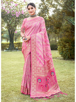 Sangam Prints - Pink Silk Woven Work Traditional Tassels Saree with Unstitched Blouse