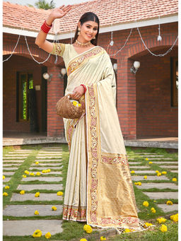 Sangam Prints - Cream Kanjivaram Silk Woven Work Traditional Tassels Saree with Unstitched Blouse