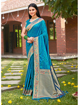 Sangam Prints - Sky Blue Kanjivaram Silk Woven Work Traditional Tassels Saree with Unstitched Blouse