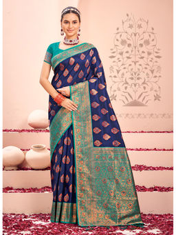 Sangam Prints - Blue Kanjivaram Silk Woven Work Traditional Tassels Saree with Unstitched Blouse