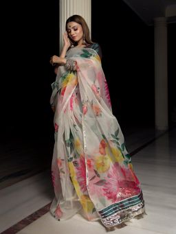 POMCHA - Organza Silk Off White Saree With Unstitched Blouse