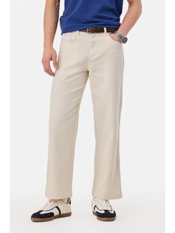 Snitch - Cream Textured Regular Casual Trouser for Men