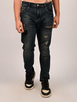 Odette - Navy Blue Denim Self Design Ripped Jeans for Men