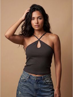 MIXT by Nykaa Fashion - Grey Ribbed Open-Back Tie Crop Top