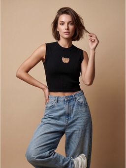 MIXT by Nykaa Fashion - Black Ribbed Butterfly Embellished Mock Neck Crop Top