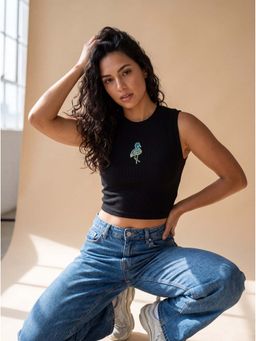 MIXT by Nykaa Fashion - Black Ribbed Flamingo Embellished Mock Neck Crop Top
