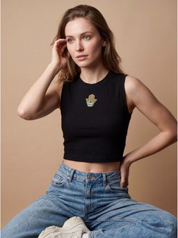 MIXT by Nykaa Fashion - Black Ribbed Hamsa Embellished Mock Neck Crop Top