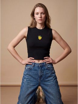 MIXT by Nykaa Fashion - Black Ribbed Mango Embellished Mock Neck Crop Top