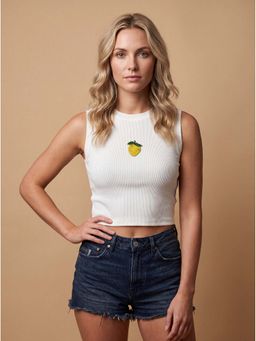 MIXT by Nykaa Fashion - White Ribbed Mango Embellished Mock Neck Crop Top