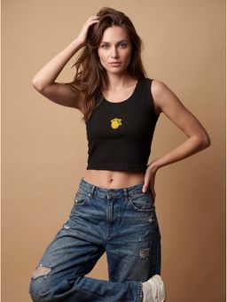 MIXT by Nykaa Fashion - Black Ribbed Lemon Embellished Tank Crop Top