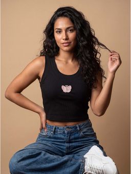 MIXT by Nykaa Fashion - Black Ribbed Butterfly Embellished Tank Crop Top