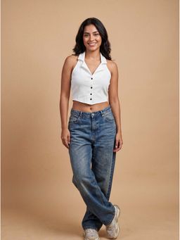 MIXT by Nykaa Fashion - White Ribbed Button-Down Collar Halter Crop Top