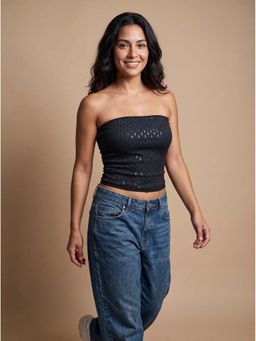 MIXT by Nykaa Fashion - Black Self Design Strapless Tube Crop Top