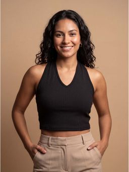 MIXT by Nykaa Fashion - Black Ribbed Halter Neck Backless Crop Top