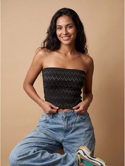 MIXT by Nykaa Fashion - Black Metallic Studded Strapless Tube Crop Top