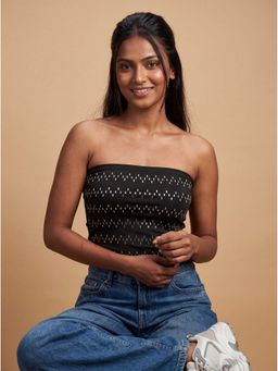 MIXT by Nykaa Fashion - Black Hotfix Studded Strapless Tube Crop Top
