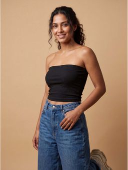 MIXT by Nykaa Fashion - Black Ribbed Strapless Tube Crop Top